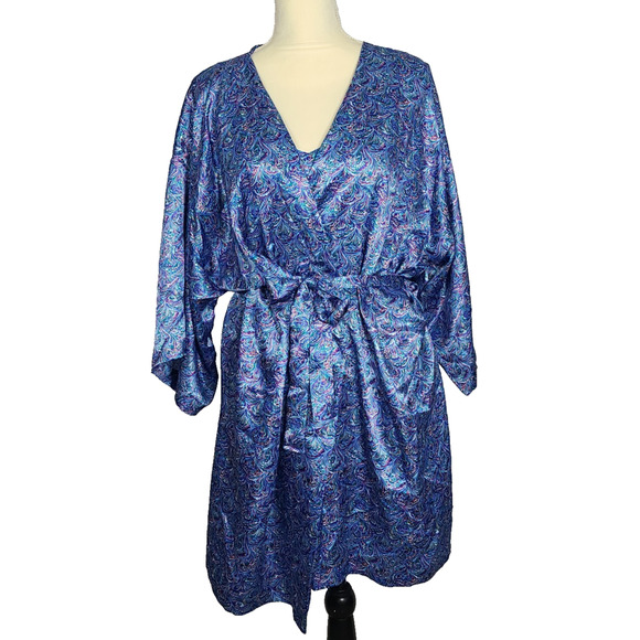 VTG Henson Kickernick Satin Robe Tank Shorts Large Blue Peacock Pajamas Lounge - Picture 2 of 16